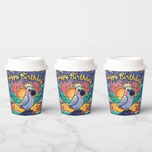 Vintage Happy Birthday Colourful Parrot Bird Paper Cups