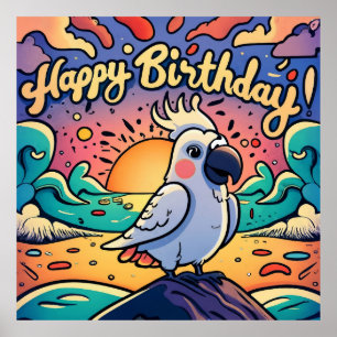 Vintage Happy Birthday Colourful Parrot Bird Poster