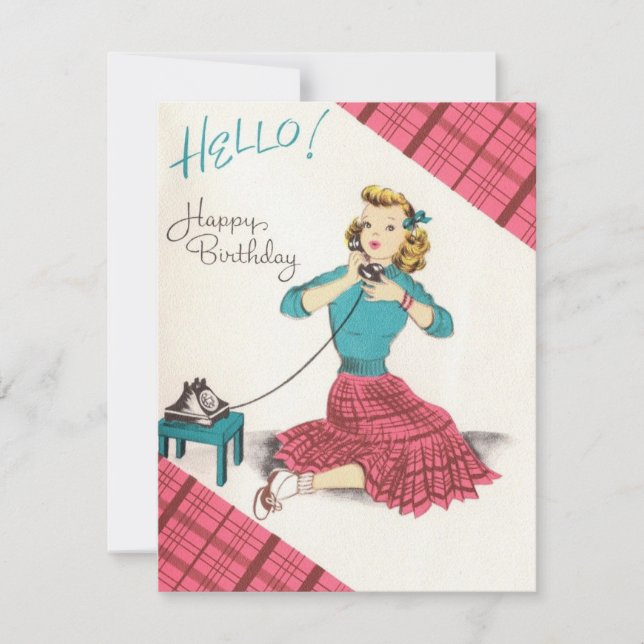 Vintage Happy Birthday Girl Phone Call Holiday Card (Front)