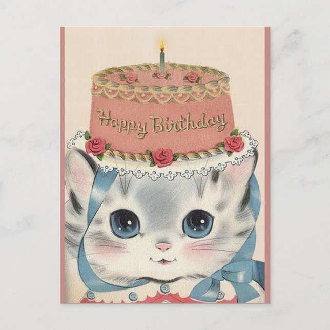 Vintage Happy Birthday Kitten With Cake Holiday Postcard (Front)