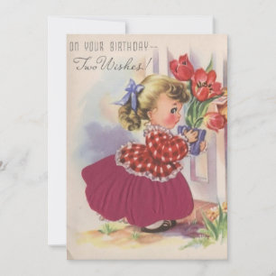 Vintage Happy Birthday Little Girl With Flowers Holiday Card