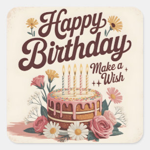 Vintage "Happy Birthday - Make a Wish" Floral Cake Square Sticker