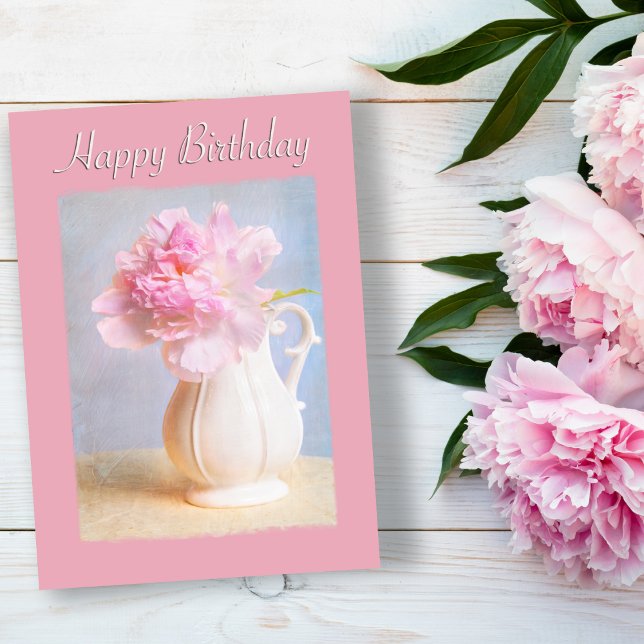 Vintage Happy Birthday Pink Peony White Vase Card (Lovely Peony Birthday Card For Family and Friends.)