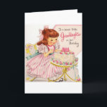 Vintage - Happy Birthday to Sweet Granddaughter, Card<br><div class="desc">A vintage birthday card image for a Granddaughter features a little girl in her pretty pink and white striped party dress. She excitedly sits in front of a small table holding a decorated birthday cake with pink candles and roses. The front of the card says, "To a Sweet Little Granddaughter...</div>