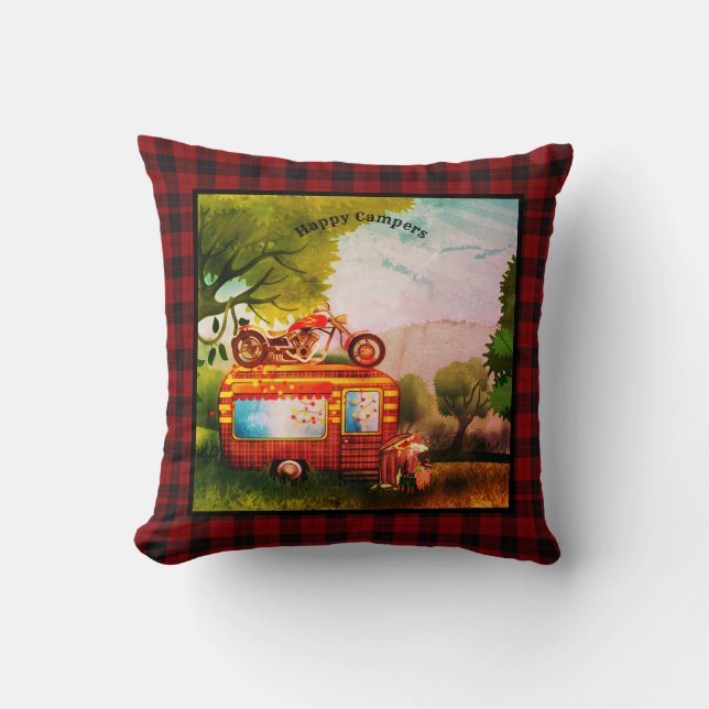 Vintage Happy Campers Trailer Trash Buffalo Plaid Cushion (Front)