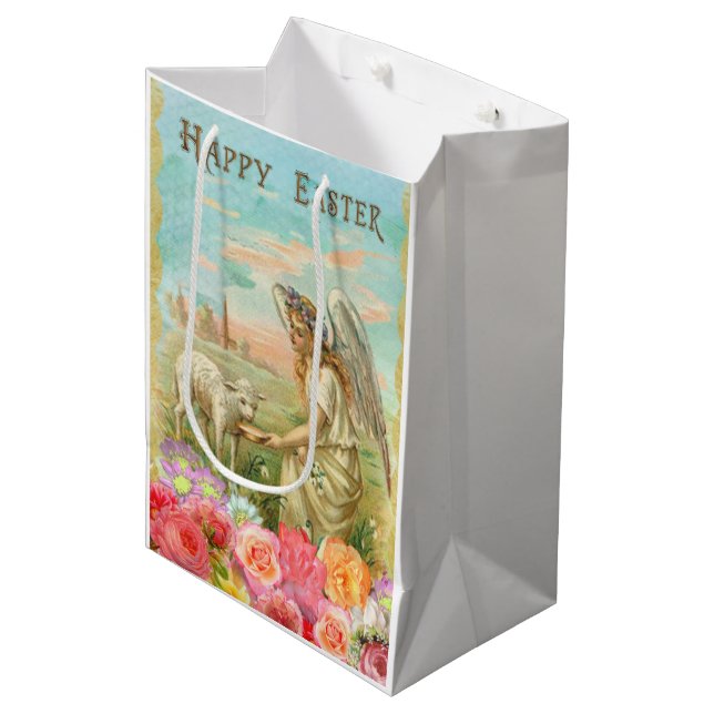 Vintage Happy Easter Angel Lamb Medium Gift Bag (Front Angled)