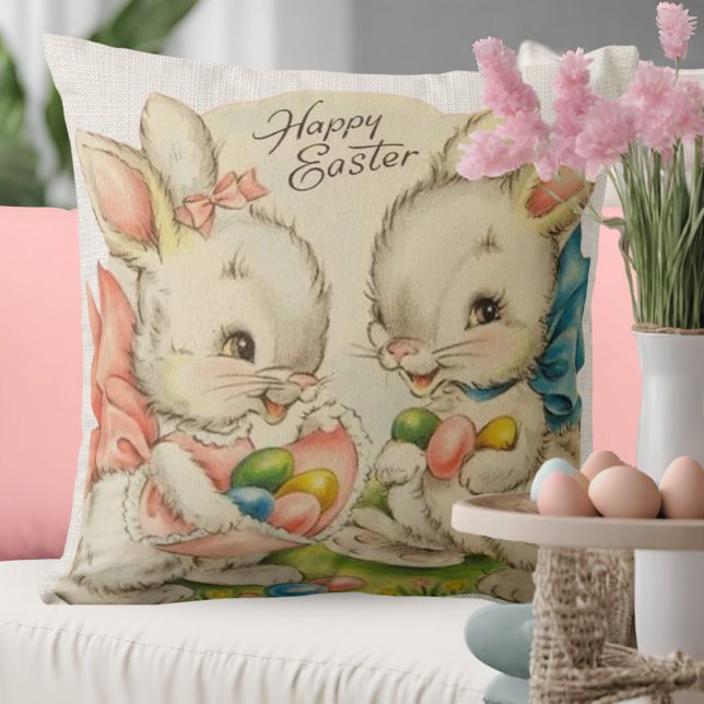 Vintage Happy Easter Bunnies With Easter Eggs Cushion (Vintage Happy Easter Bunnies With Easter Eggs Throw Pillow)