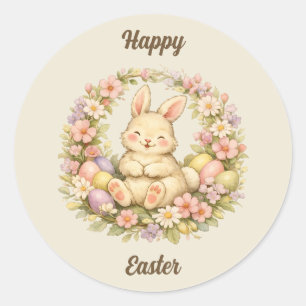 Vintage Happy Easter Bunny Floral Wreath Classic Round Sticker