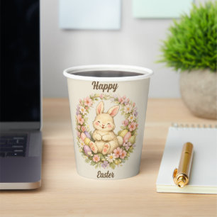 Vintage Happy Easter Bunny Floral Wreath Paper Cups