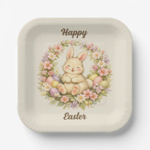 Vintage Happy Easter Bunny Floral Wreath Paper Plate