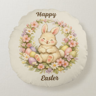 Vintage Happy Easter Bunny Floral Wreath Round Cushion
