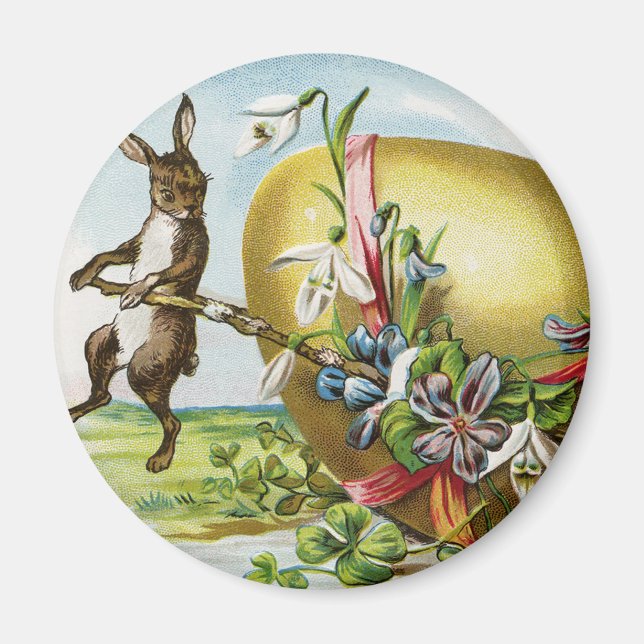 Vintage Happy Easter Bunny Rabbits Easter Eggs Magnet (Front)
