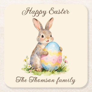 Vintage Happy Easter Bunny with Egg Family Square Paper Coaster