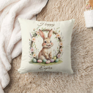 Vintage Happy Easter Bunny with Floral Wreath Cushion