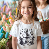 Vintage Happy Easter Bunny with Tulips Retro Ink