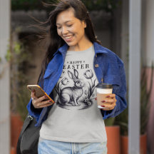 Vintage Happy Easter Bunny with Tulips Retro Ink