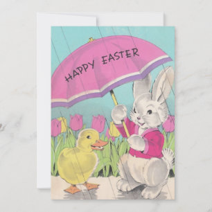 Vintage Happy Easter Chick Bunny Floral Holiday Card