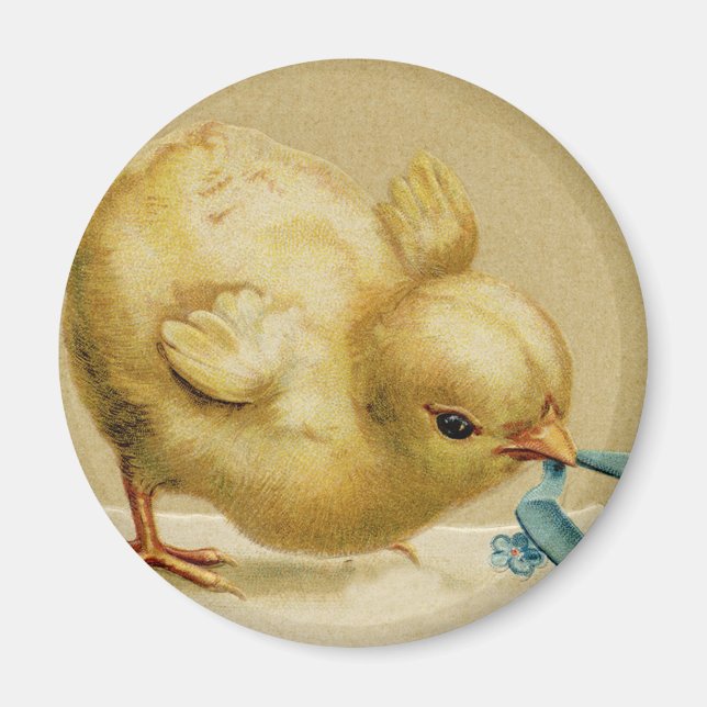 Vintage Happy Easter Chick with Blue Flowers Magnet (Front)
