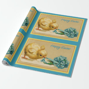 Vintage Happy Easter Chick with Blue Flowers Wrapping Paper