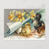 Vintage Happy Easter Chicken and Daffodils 