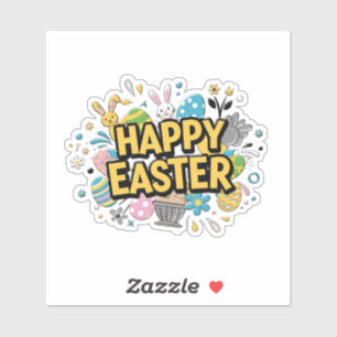Vintage Happy Easter Colorful Bunny Sticker