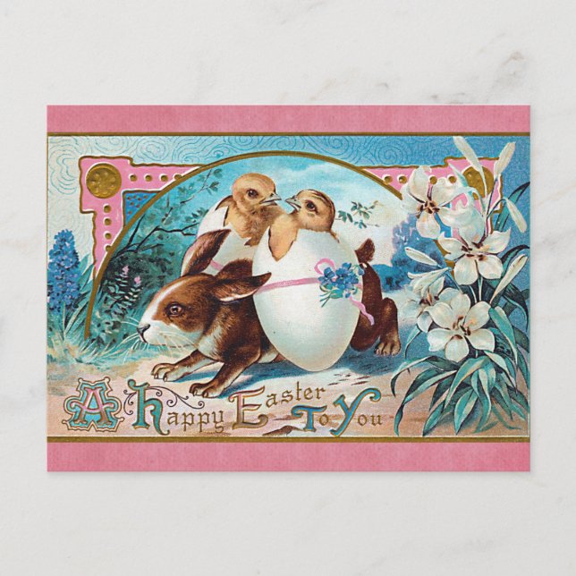 Vintage Happy Easter Cute Rabbit Chicks Egg Postcard (Front)