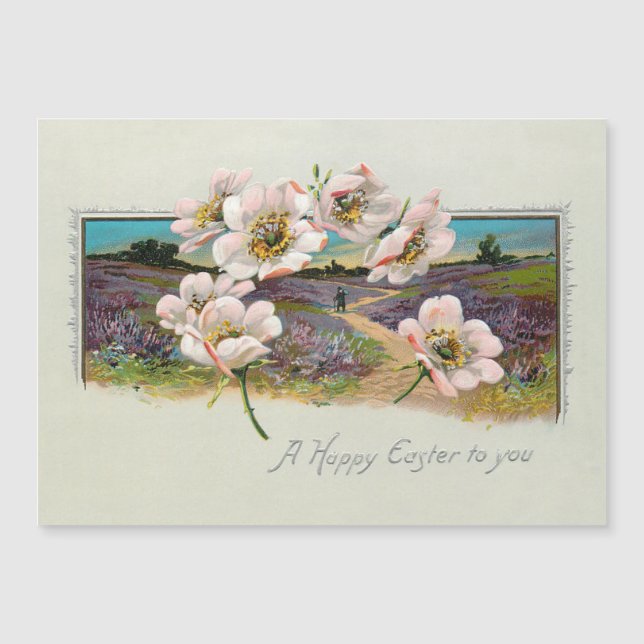 Vintage Happy Easter Landscape with Apple Blossoms (Front)