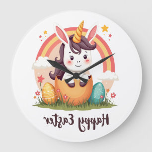 Vintage Happy Easter Unicorn Rainbow Egg Cute Kids Large Clock