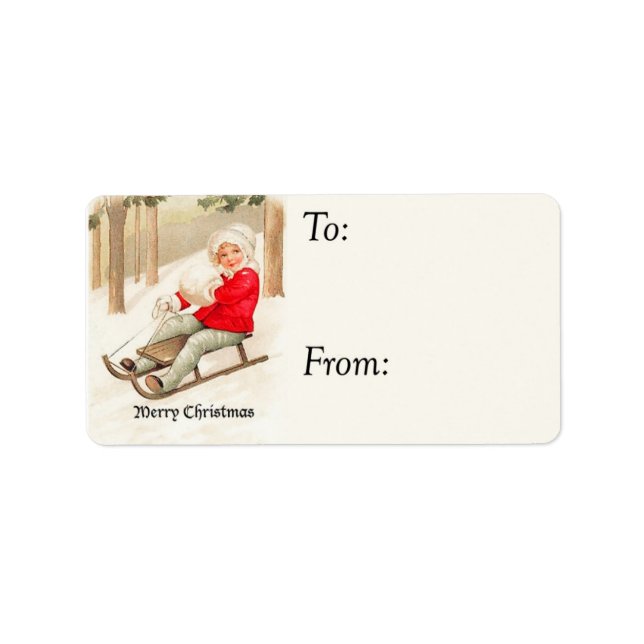 Vintage Happy Girl On Sled Gift Tag (Front)