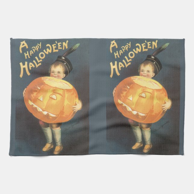 Vintage Happy Halloween by Ellen Clapsaddle Tea Towel (Horizontal)