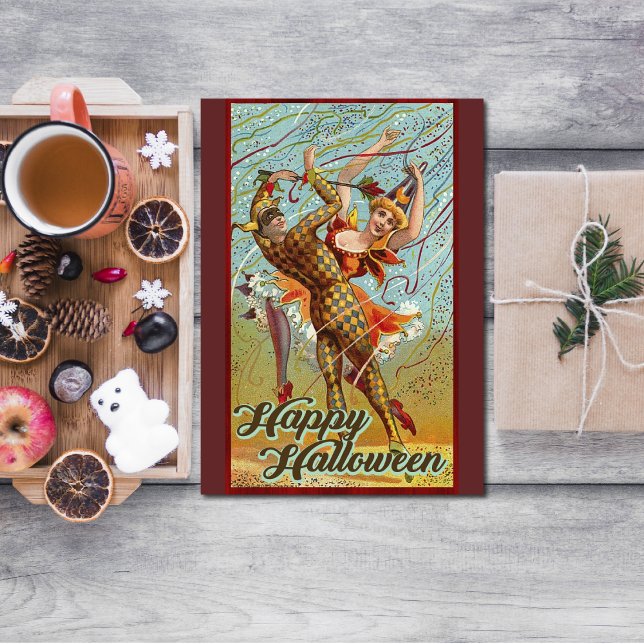 Vintage Happy Halloween Dancing in Jester Costume Card (Creator Uploaded)