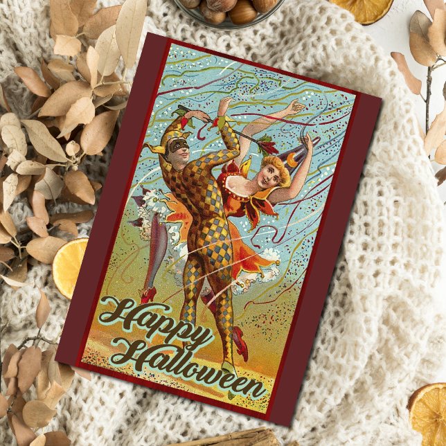 Vintage Happy Halloween Dancing in Jester Costume Postcard (Creator Uploaded)