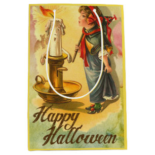 Vintage Happy Halloween Girl Blowing Out Candle Medium Gift Bag
