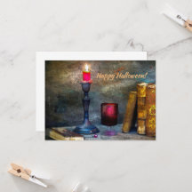 Vintage Happy Halloween Red Candle & Old Books