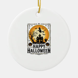 Vintage Happy Halloween Witch Moon Shirt Design_1 Ceramic Tree Decoration