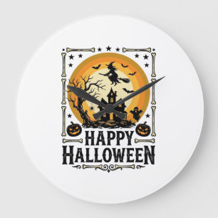 Vintage Happy Halloween Witch Moon Shirt Design_1 Large Clock