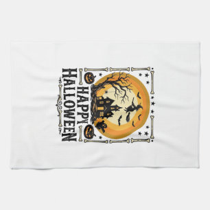 Vintage Happy Halloween Witch Moon Shirt Design_1 Tea Towel
