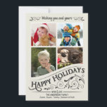 Vintage Happy Holidays 4-Photo Flat Card<br><div class="desc">Frosted window pane Christmas Holiday flat greeting cards with four photo frames. Fun and festive retro style inverted chalkboard style on elegant cream white background with fancy holly scrolls and rustic old-fashion typographic calligraphy swirl lettering. Click Customise It to adjust the inside frame for different size or odd shaped photos....</div>