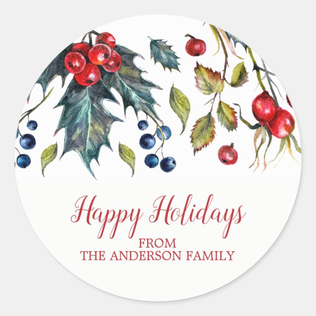 Vintage Happy Holidays Holly Berry Sticker (Front)