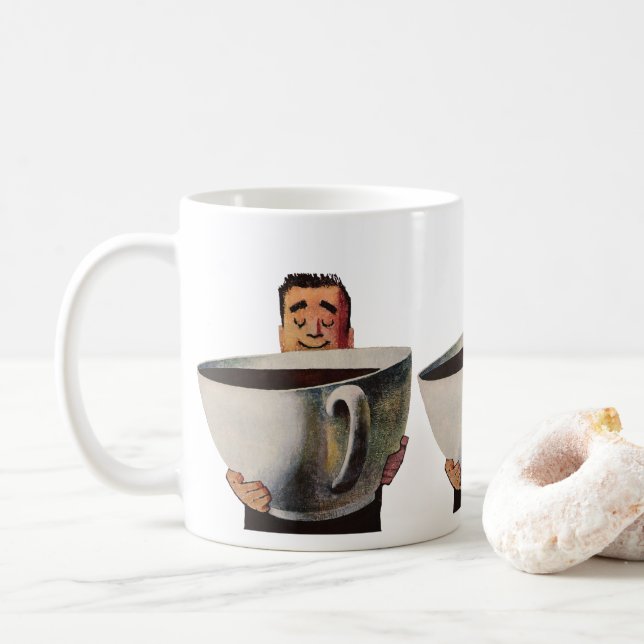 Vintage Happy Man Drinking Giant Cup of Coffee (With Donut)