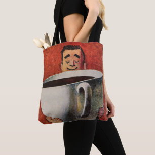 Vintage Happy Man Drinking Giant Cup of Coffee Tote Bag