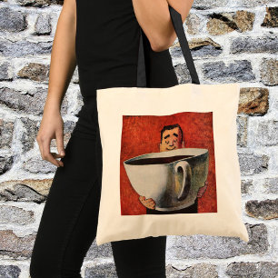 Vintage Happy Man Drinking Giant Cup of Coffee Tote Bag