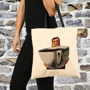 Vintage Happy Man Drinking Giant Cup of Coffee Tote Bag