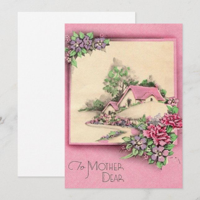 Vintage Happy Mothers Day Cottage & Flowers Holiday Card (Front/Back)