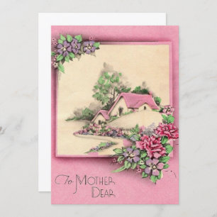 Vintage Happy Mothers Day Cottage & Flowers Holiday Card