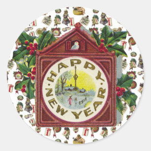Vintage Happy New Year Classic Round Sticker