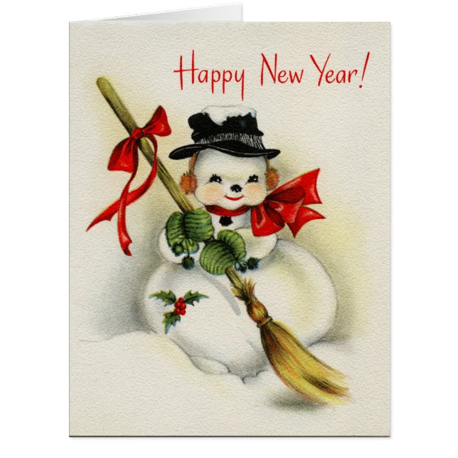 Vintage Happy New Year Snowman BIG Greeting Card (Front)