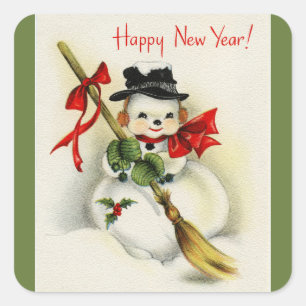 Vintage Happy New Year Snowman Green Square Sticker