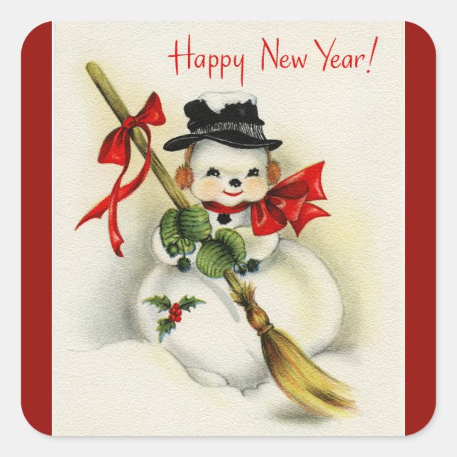 Vintage Happy New Year Snowman Red Square Sticker (Front)