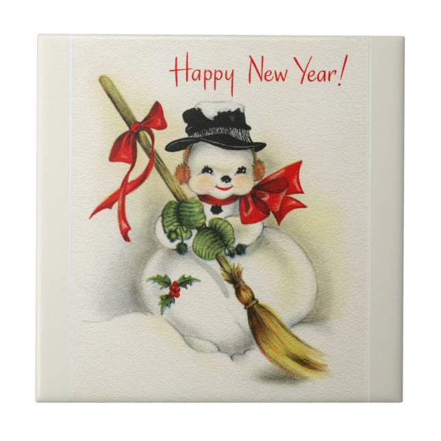Vintage Happy New Year Snowman Tile (Front)